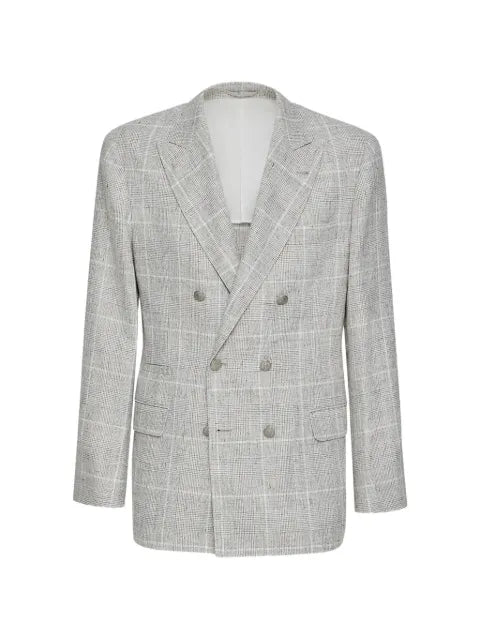 Brunello Cucinelli linen Prince of Wales one-and-a-half breasted deconstructed blazer with metal buttons