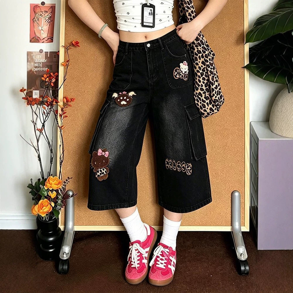 Sweet Cartoon Patch Cargo Cropped Wide Leg Black Denim Capri Pants