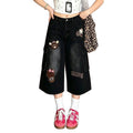 Sweet Cartoon Patch Cargo Cropped Wide Leg Black Denim Capri Pants