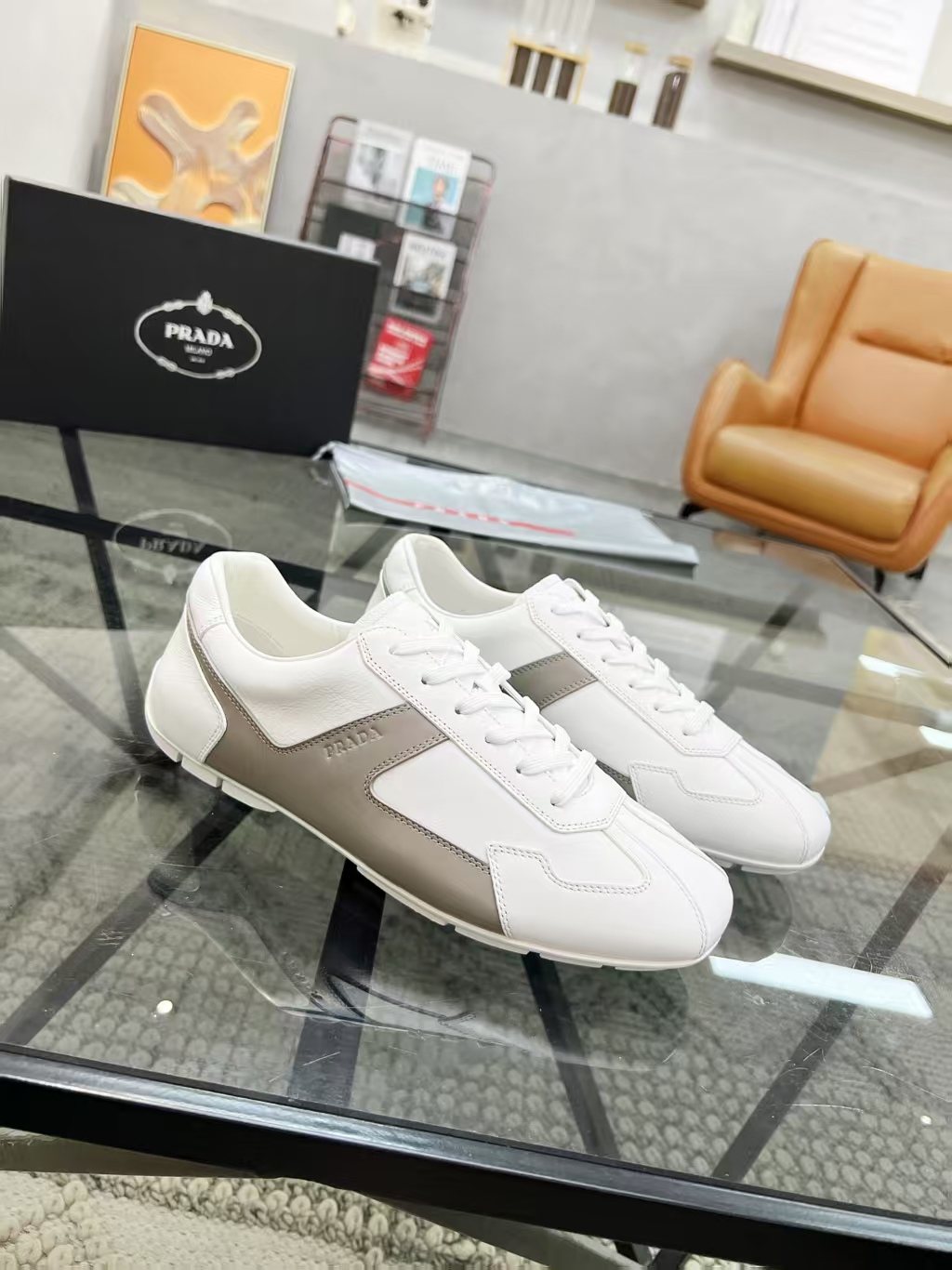 Prada Men's White and Taupe Low-Top Sneakers