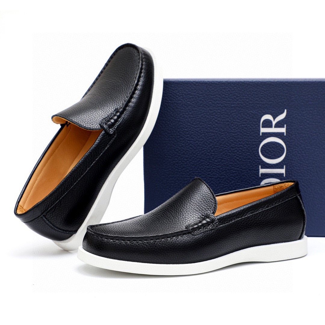 Dior Black Textured Leather Slip-On Loafers