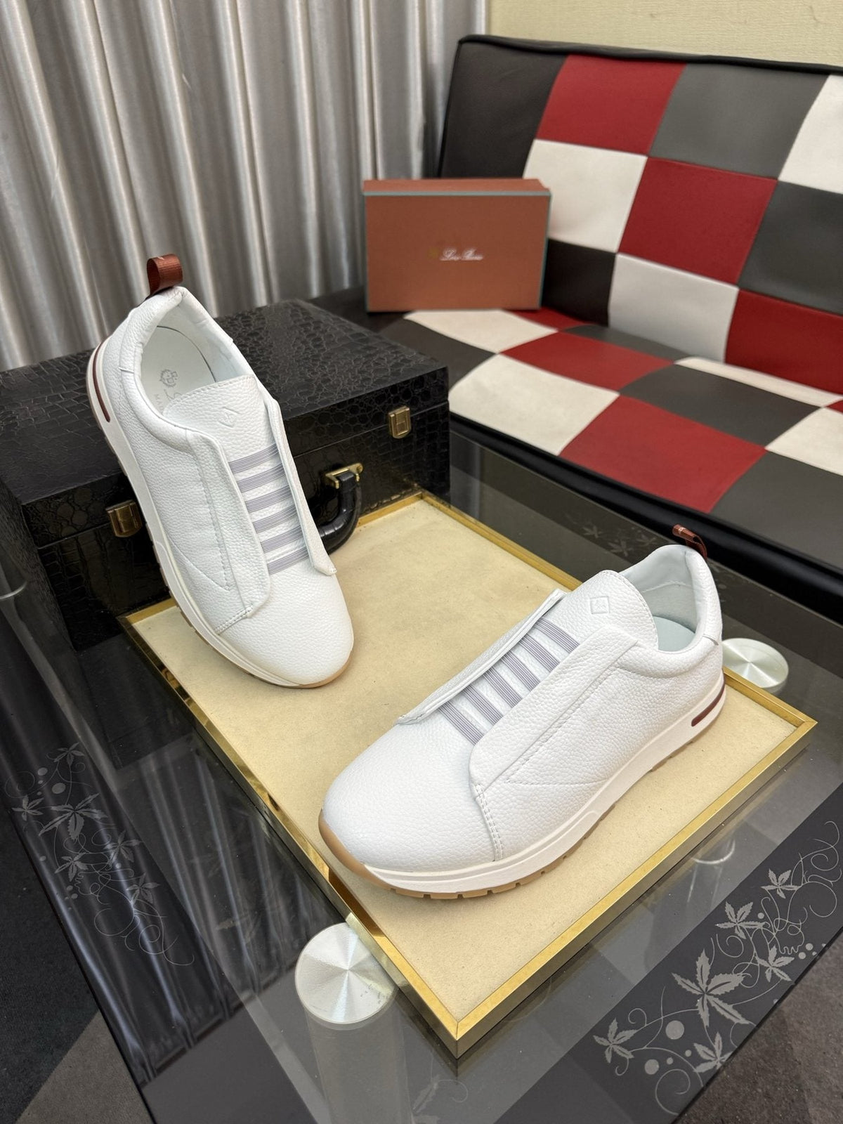 Men's White Slip-On Sneakers with Gray Bands