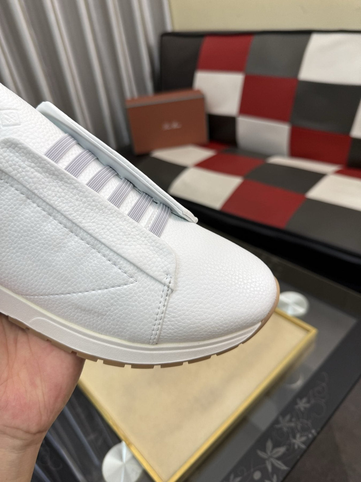Men's White Slip-On Sneakers with Gray Bands