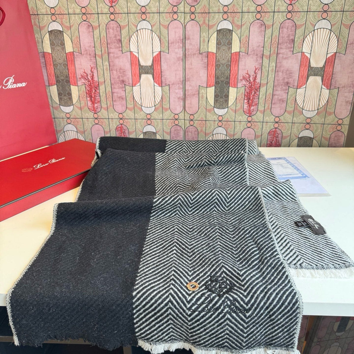 Loro Piana Black & White Herringbone Scarf